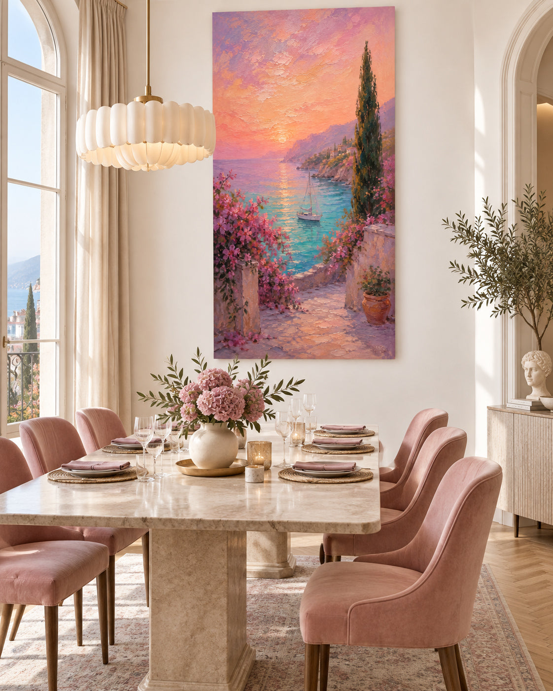 Hand-Painted Mediterranean Sunset Seascape With Sailboat Canvas Art