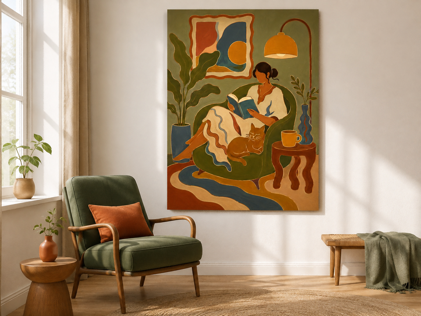 Art Deco Fantasy Style Canvas Art Woman Reading In Green Armchair Hand Painted