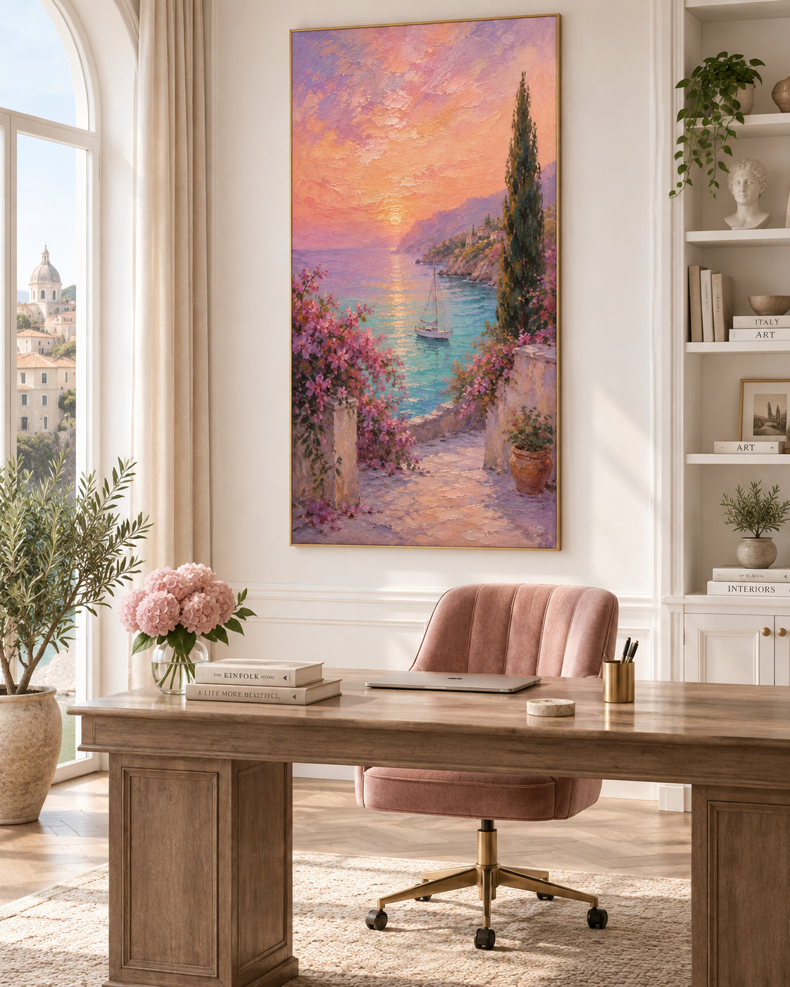 Hand-Painted Mediterranean Sunset Seascape With Sailboat Canvas Art
