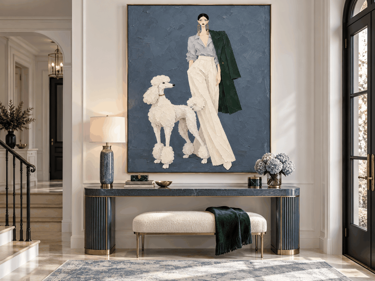 Fashion Lady With Poodle Hand-Painted Canvas Art In Purple And Blue