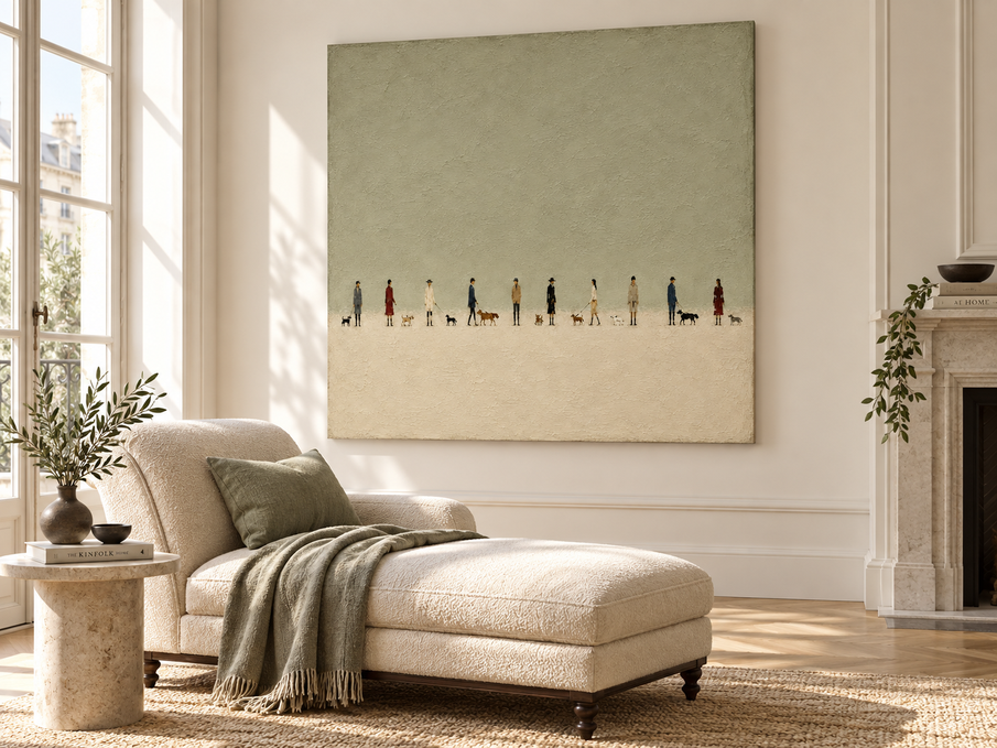 Textured Abstract Figure Painting With Urban Dog Walking Theme