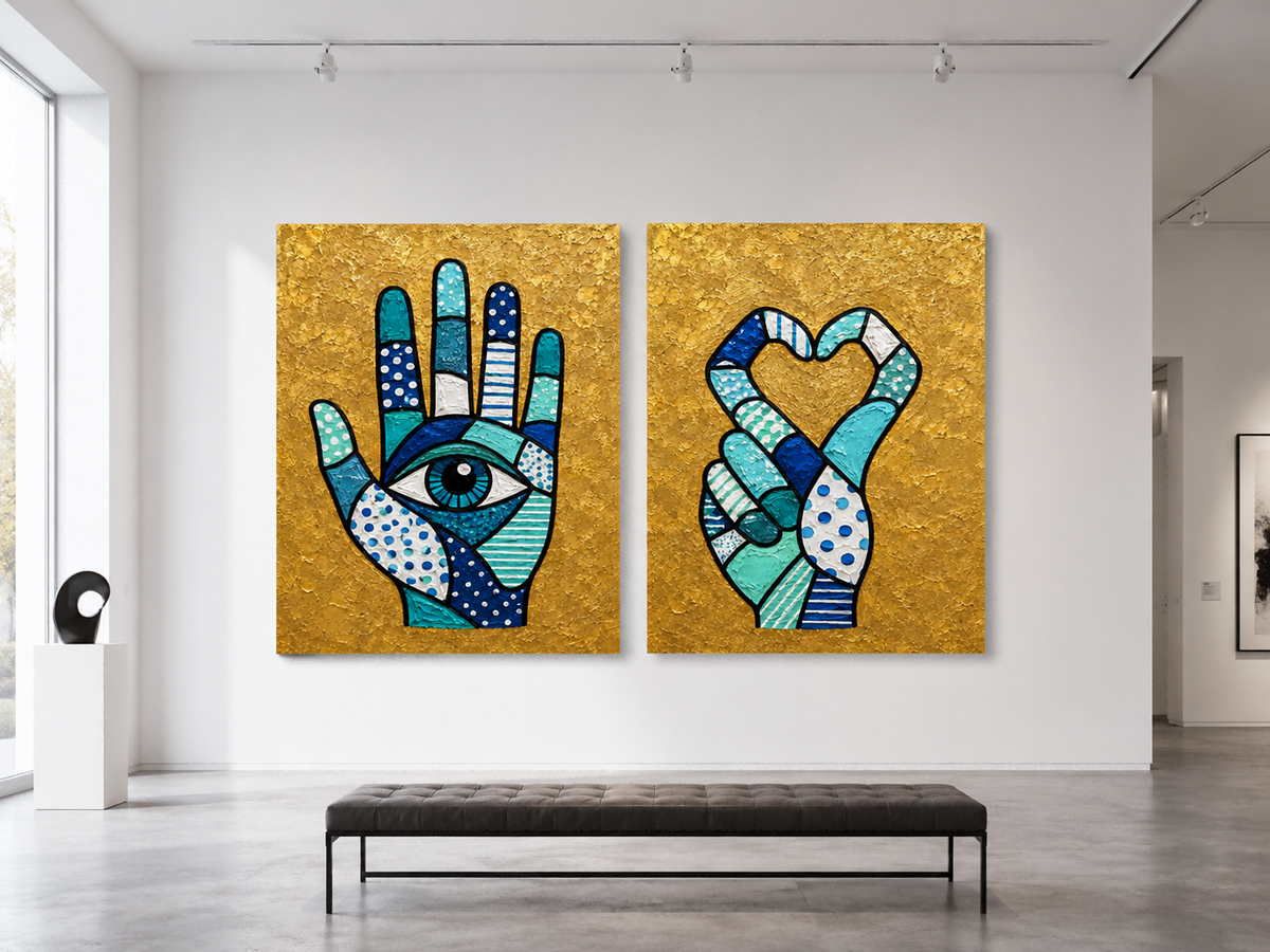Hand-Painted Hamsa Eye And Heart Canvas Art Set With Gold Background