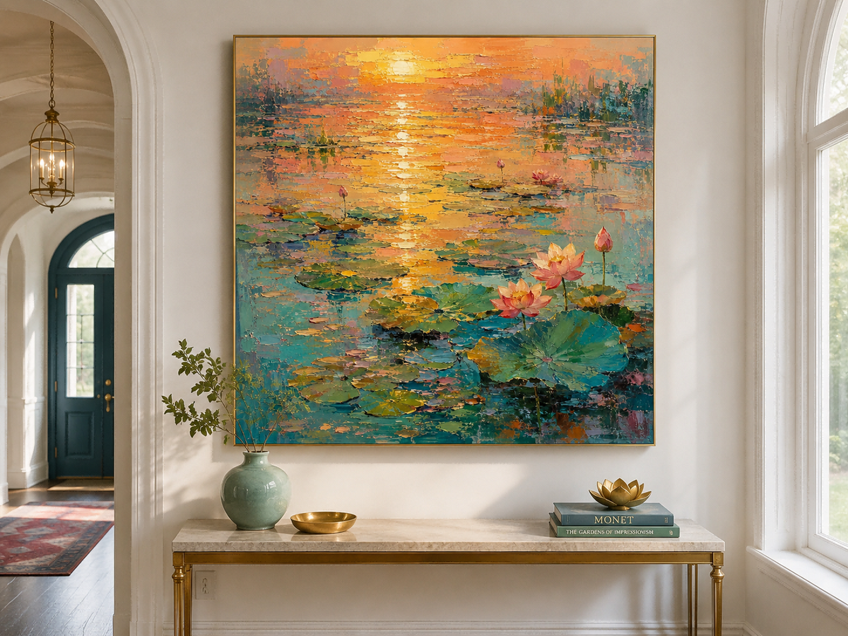 Modern Impressionist Floral Landscape Oil Painting With Gold And Pink Hues