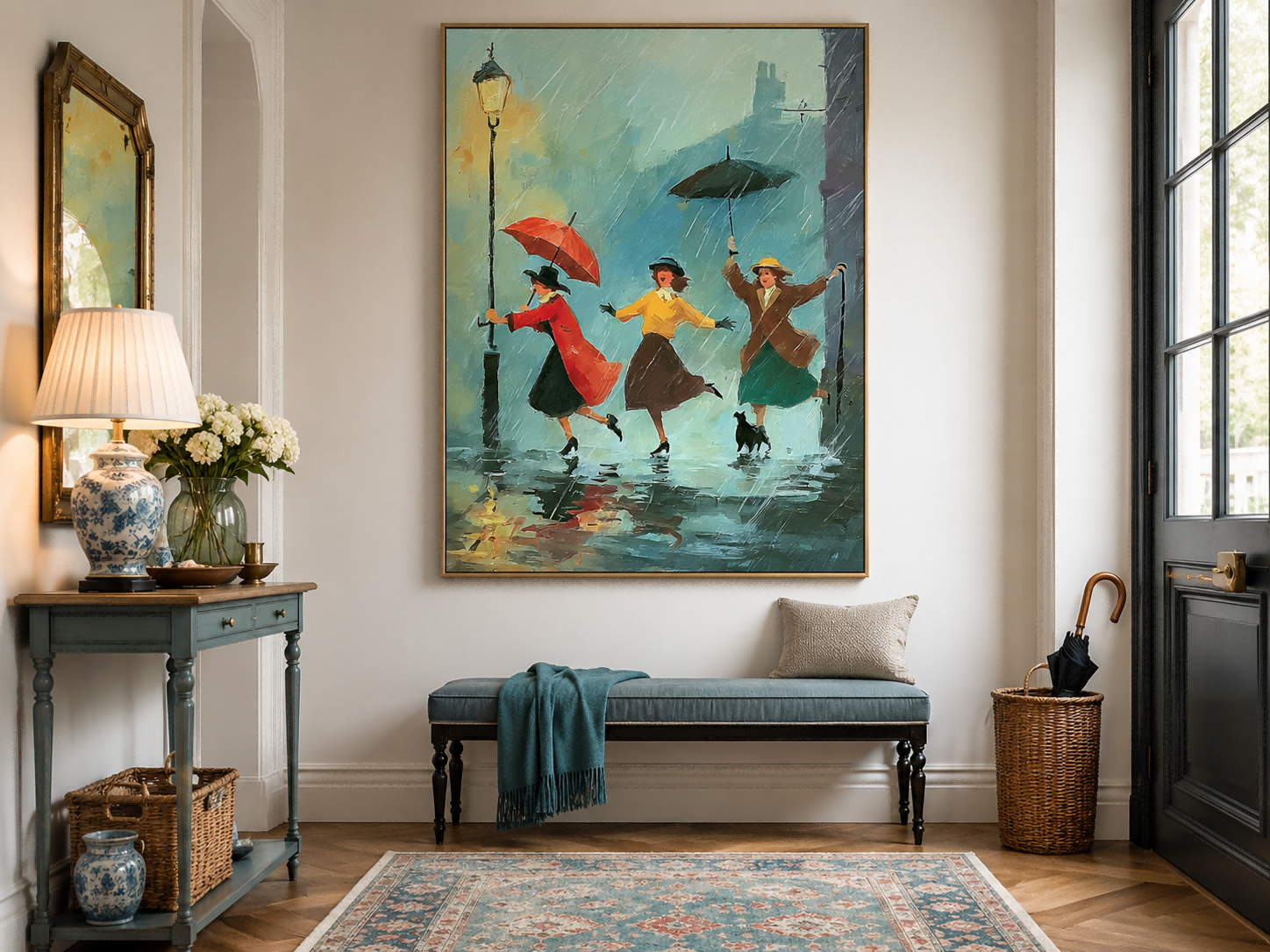 Impressionist Rainy Street Scene Painting With Three Women Under Umbrellas Vintage Wall Art