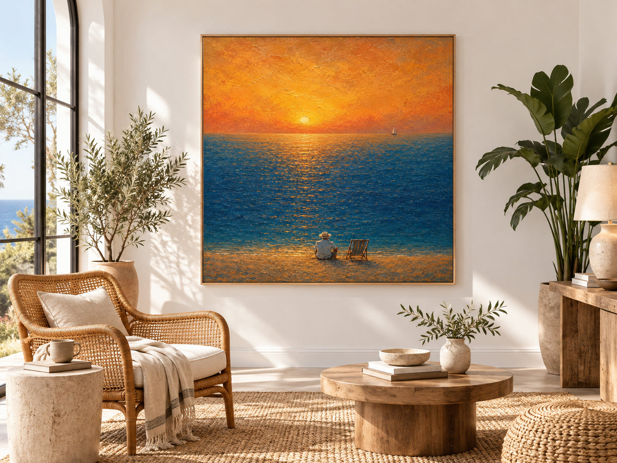 Modern Impressionist Textured Ocean Sunset Art With Golden Glow