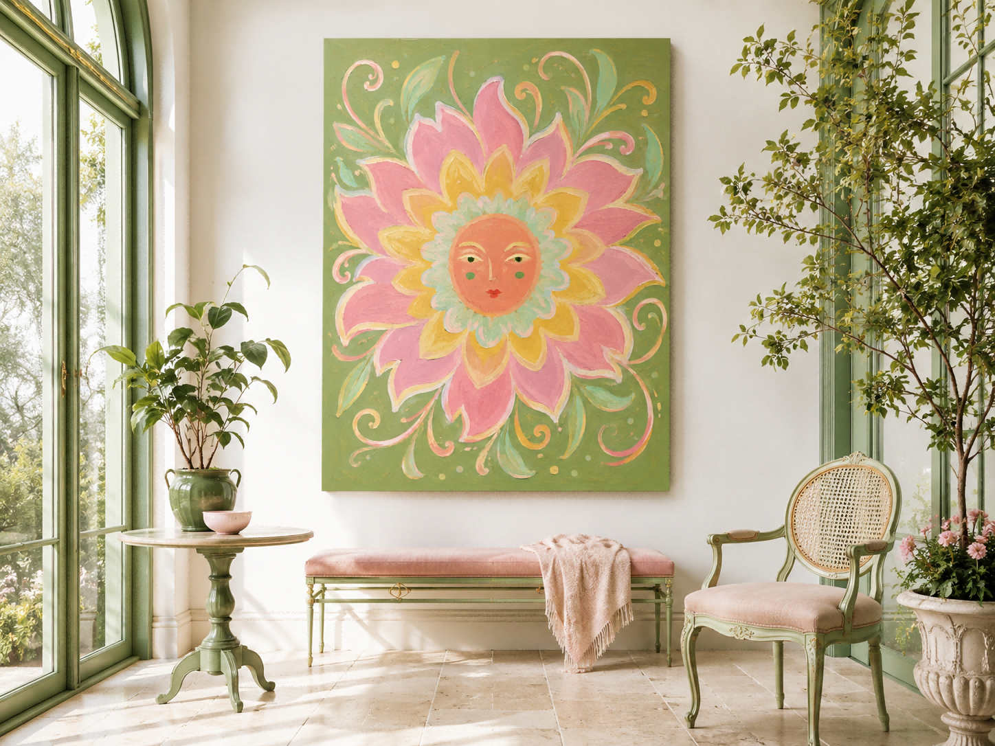 Art Deco Inspired Fantasy Flower Painting With Serene Sun Face Design