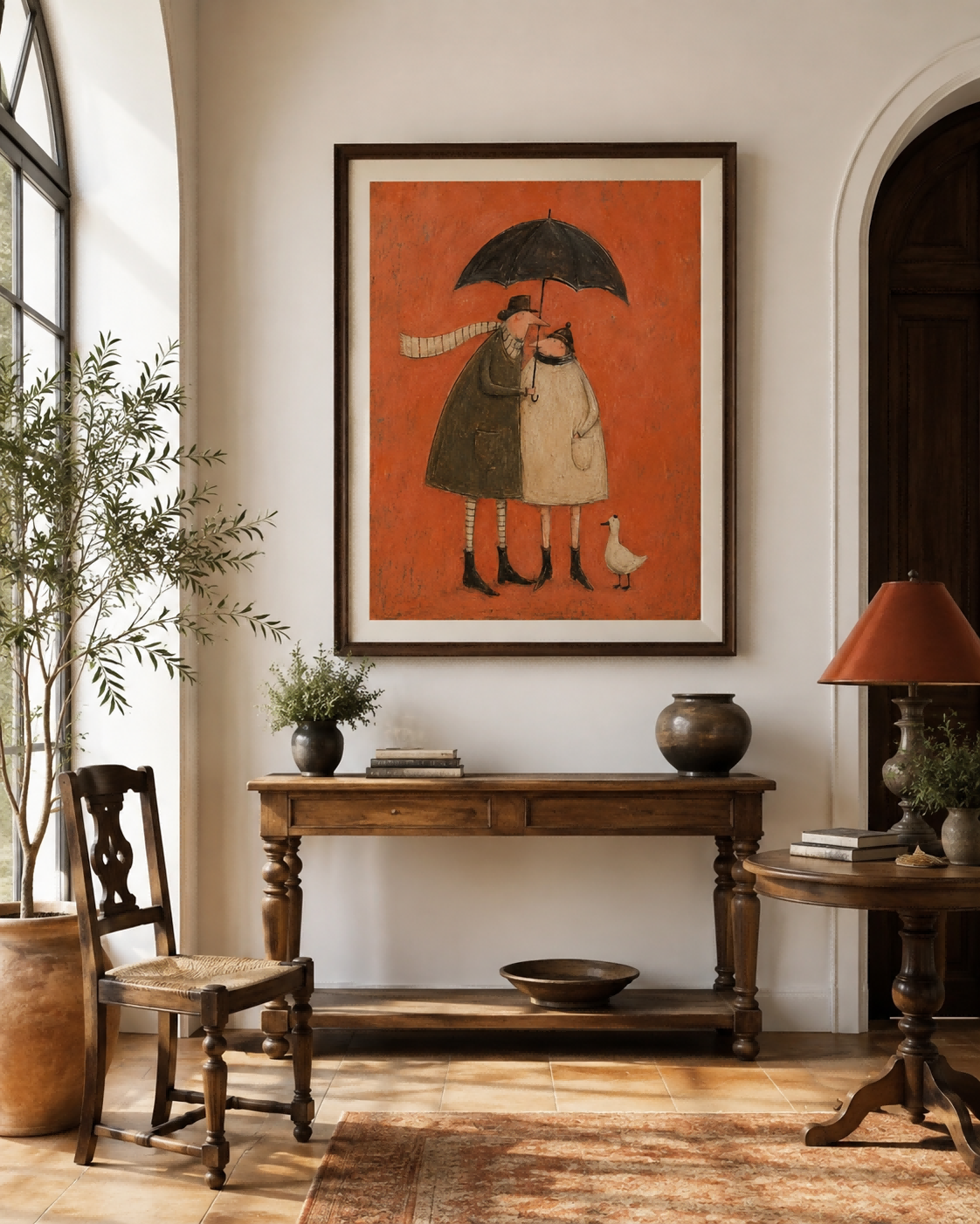 Vintage Couple With Umbrella And Duck Hand-Painted Canvas Wall Art In Warm Orange Tones