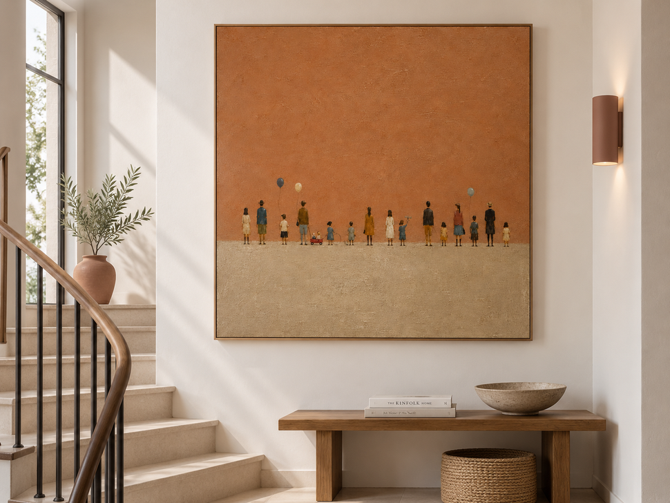 Hand-Painted Minimalist People Art On Textured Brown Canvas