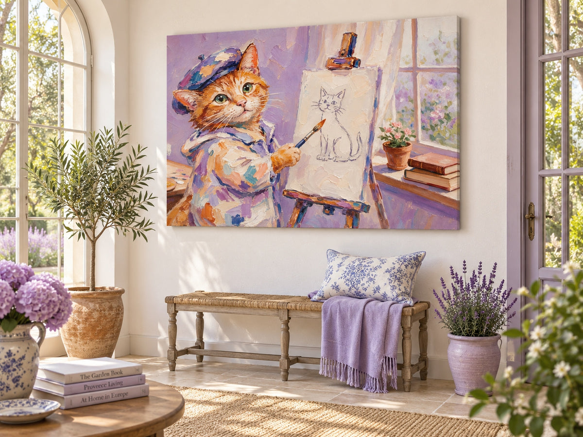 Hand-Painted Orange Cat Artist Canvas Painting With Beret And Easel