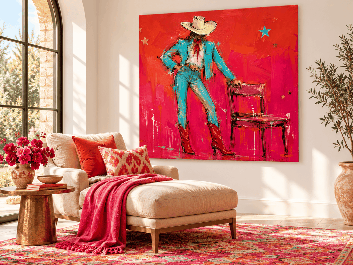 Cool Cowgirl With Red Boots Hand-Painted Canvas Art In Vibrant Red And Blue
