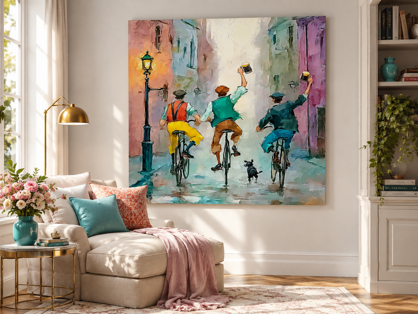 Textured Urban Narrative Painting Featuring Cyclists Dog And Reflections For Modern Home Interior Design