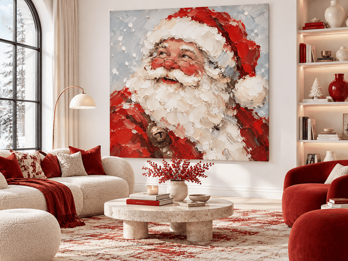 Hand-Painted Santa Claus Portrait With Gold Bell And Glasses Original Canvas Art