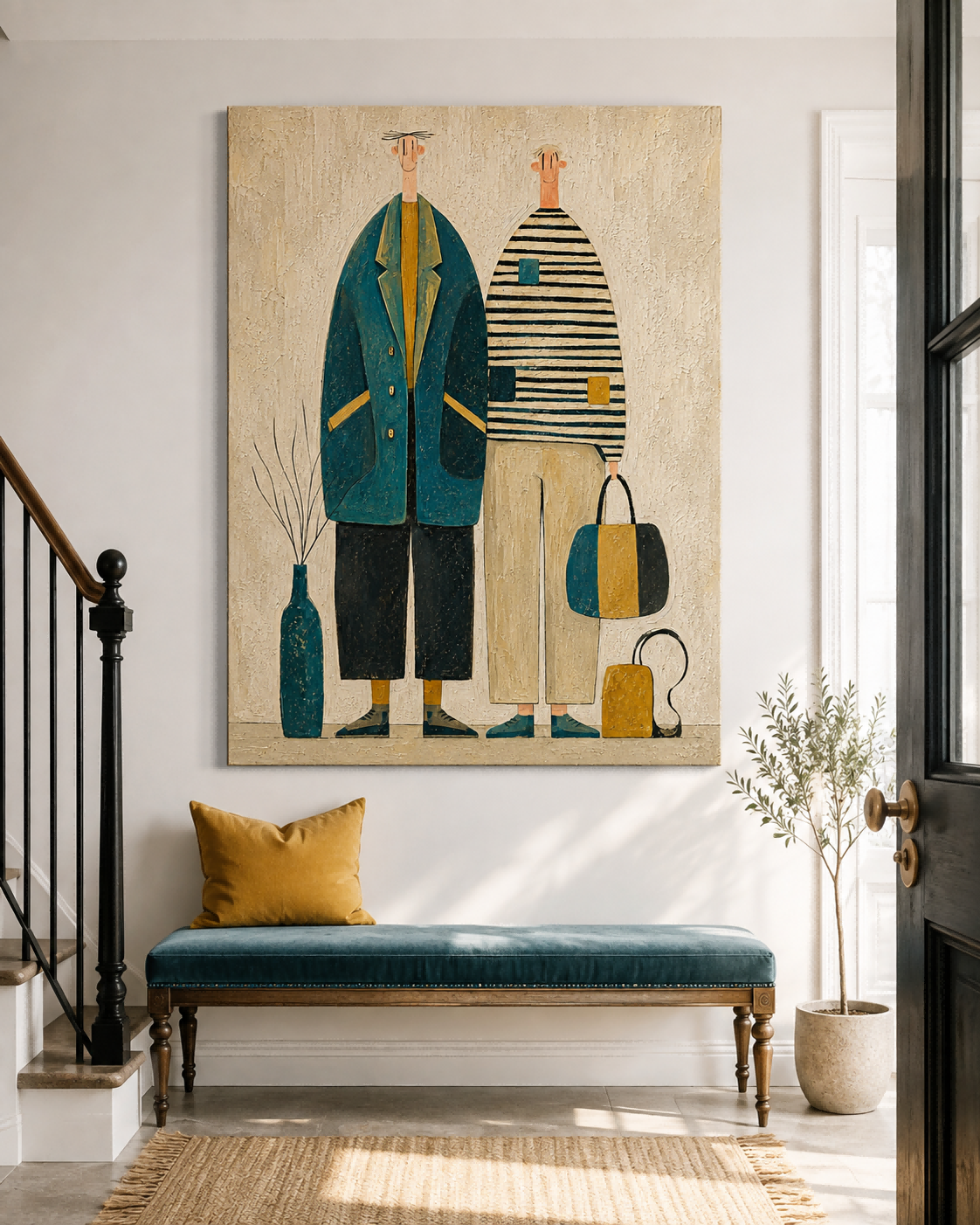 Whimsical People Wall Art For Living Room And Bedroom Vintage Decor Modern Vintage Illustration Style Canvas Painting With Textured Finish
