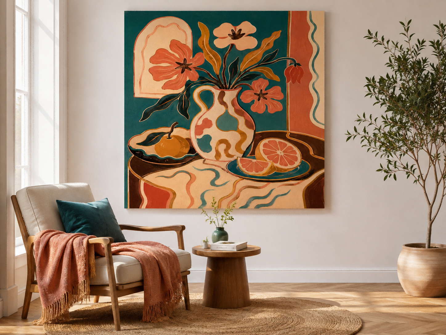 Whimsical Art Deco Style Painting With Abstract Fruit And Flowers