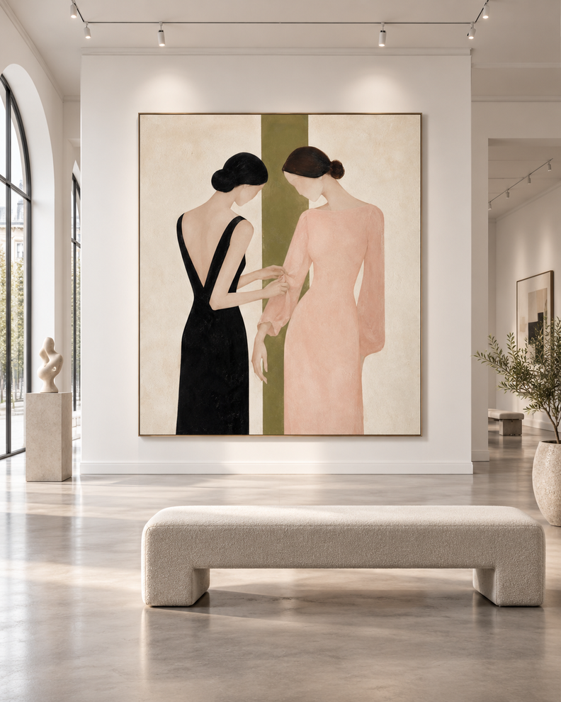 Minimalist Geometric Painting Two Women In Black And Pink Dresses Hand-Painted Modern Canvas Art