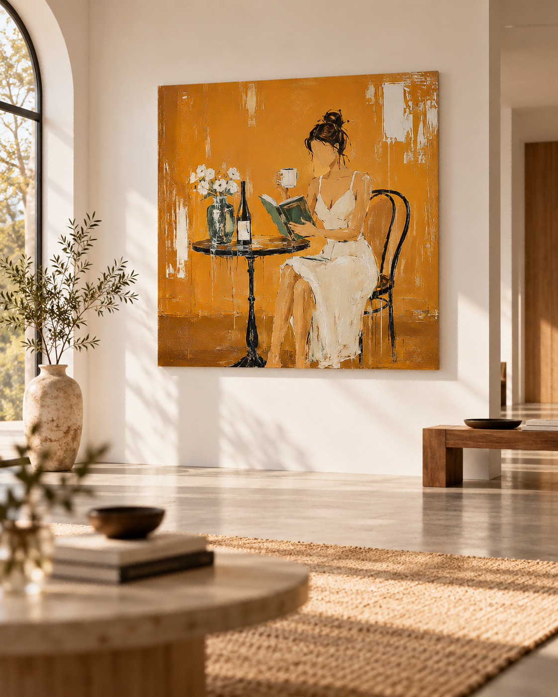 Textured Abstract Expressionist Oil Painting Minimalist Figure In Golden Light