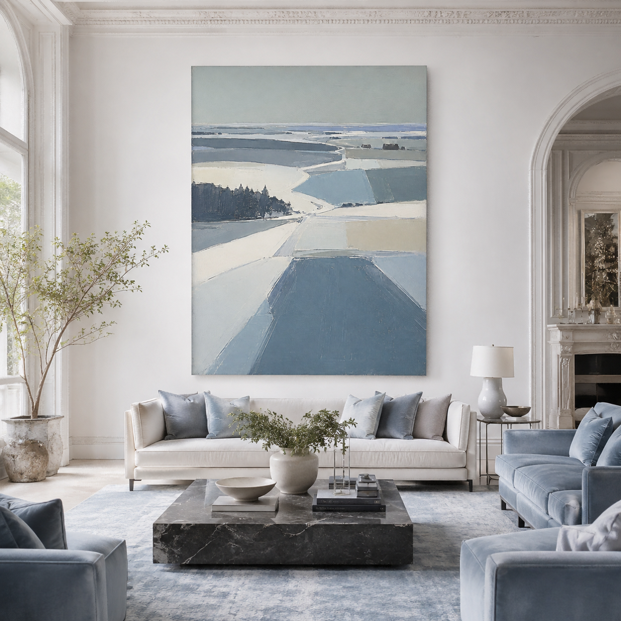 Modern Minimalist Winter Landscape Painting With Ice Blue Tones For Living Room Geometric Abstract Art