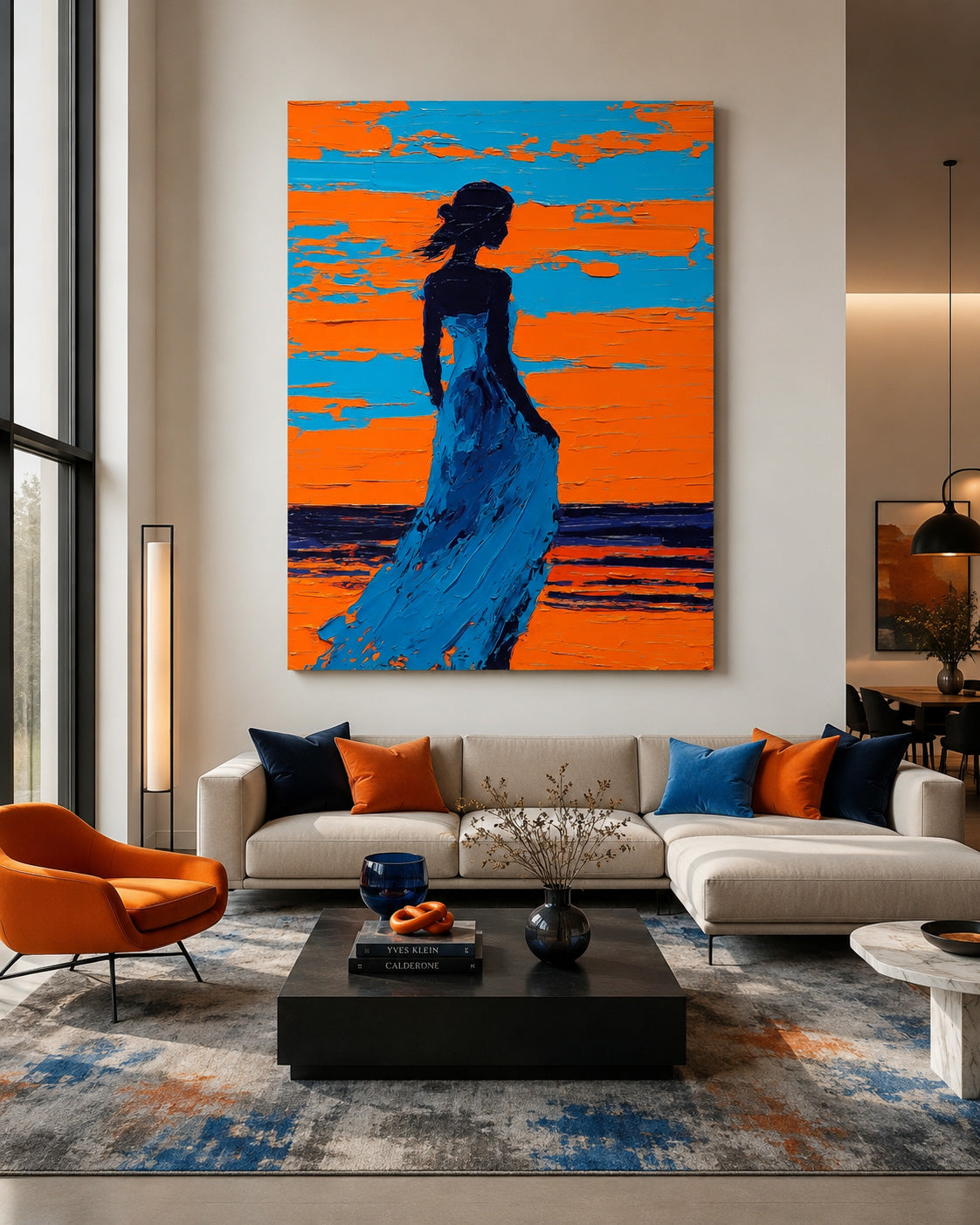 Contemplative Woman Silhouette Against Sunset Ocean Original Oil Painting For Wall Art