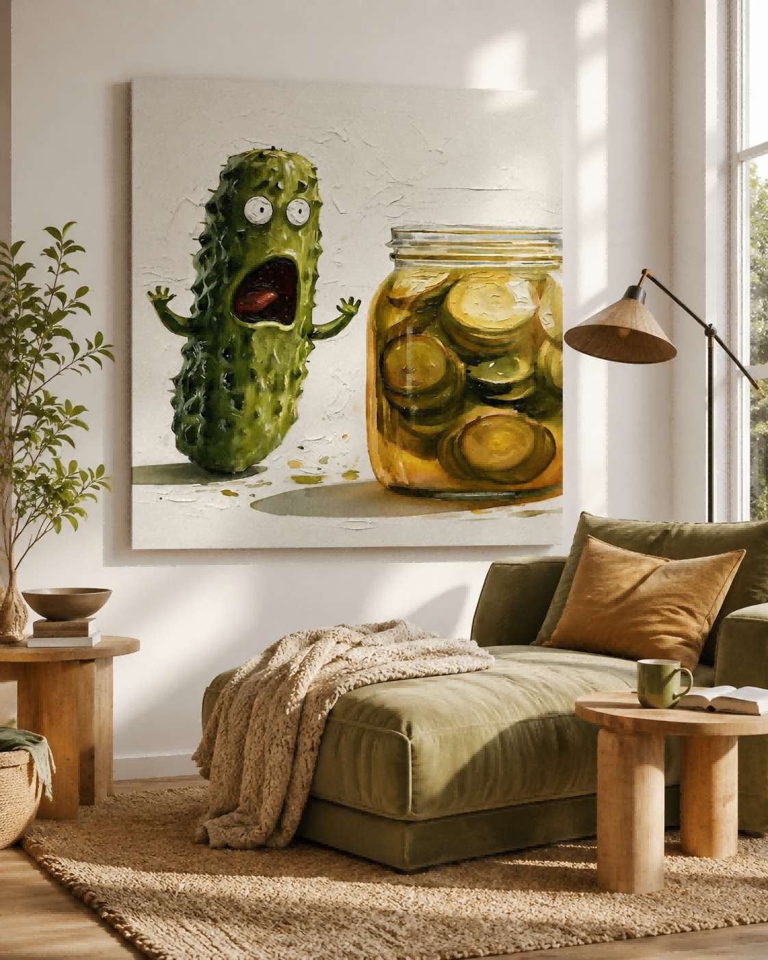 Anthropomorphic Food Art Canvas Print Featuring Scared Cucumber Character