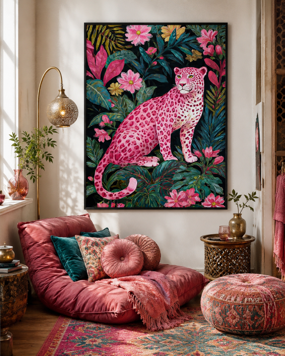 Bold Pop Surrealist Animal Art With Floral Jungle Background For Bedroom