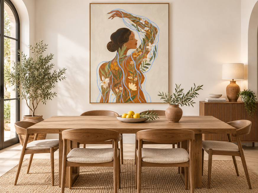 Hand-Painted Abstract Floral Woman Canvas Art With Blue Waves For Modern Home Decor Bohemian Wall Art