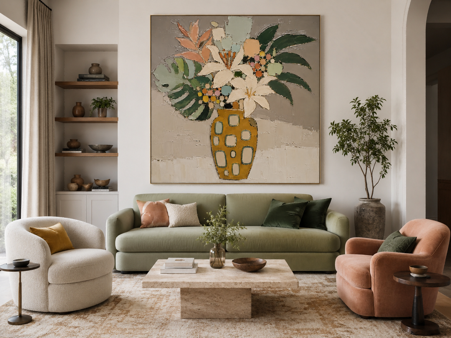 Abstract Floral Still Life With Lilies And Tropical Leaves Hand-Painted Canvas Art