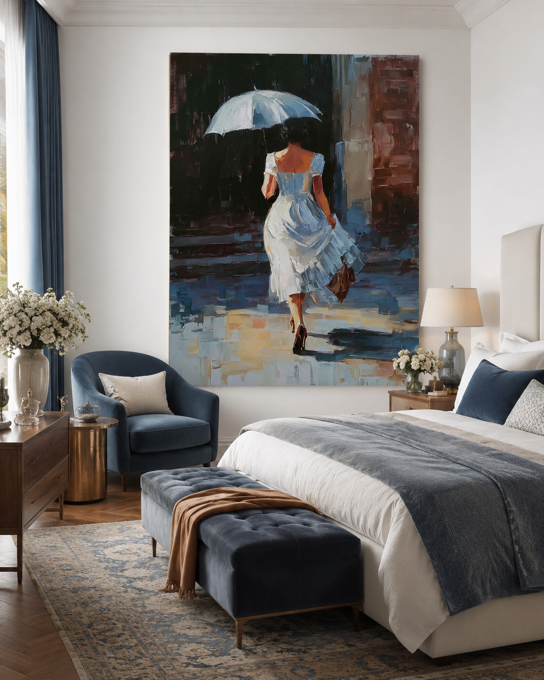 Woman With Umbrella Oil Painting Modern City Street Art For Living Room Decor