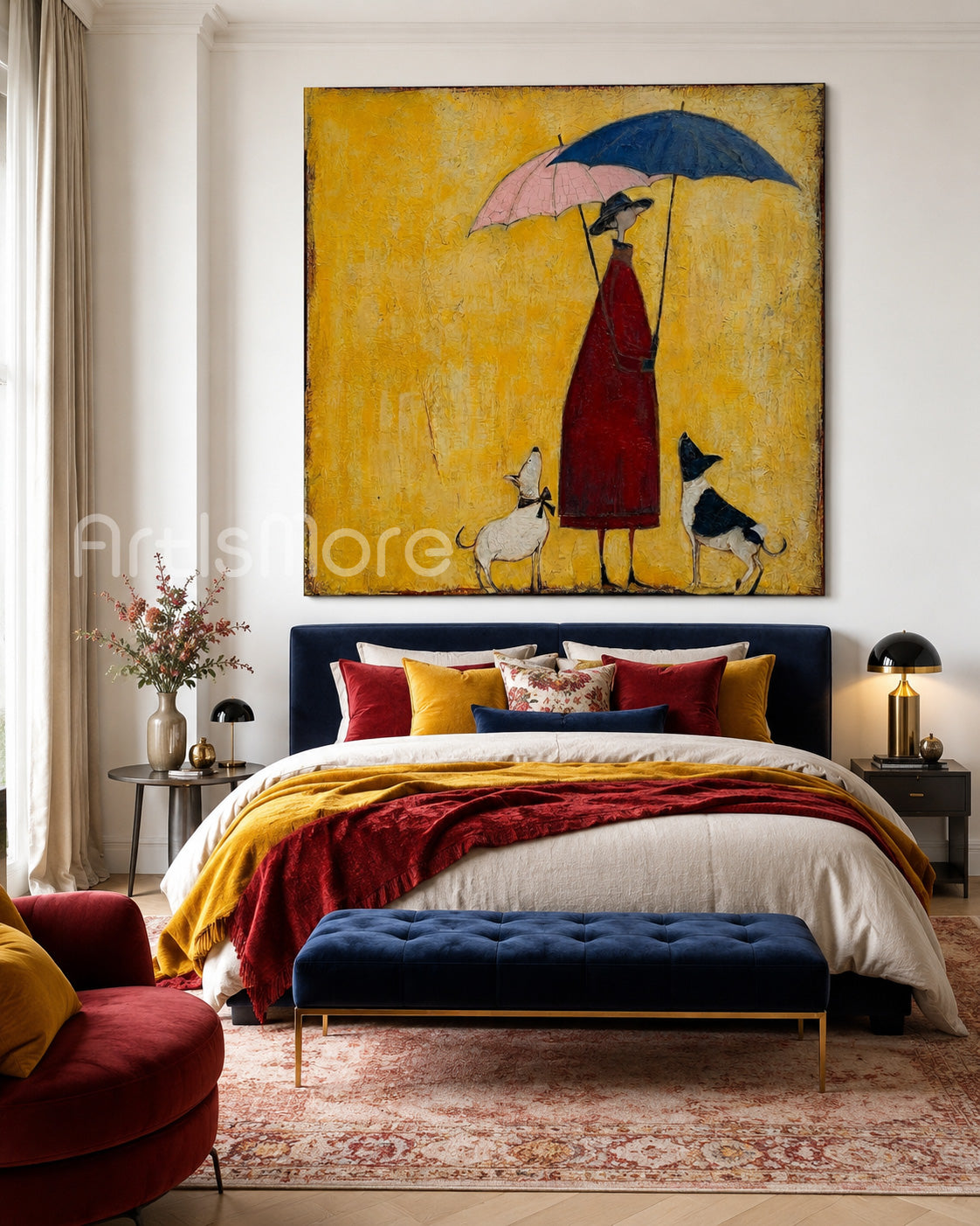 Whimsical Lady With Dogs Under Umbrellas Square Canvas Art For Living Room Decor