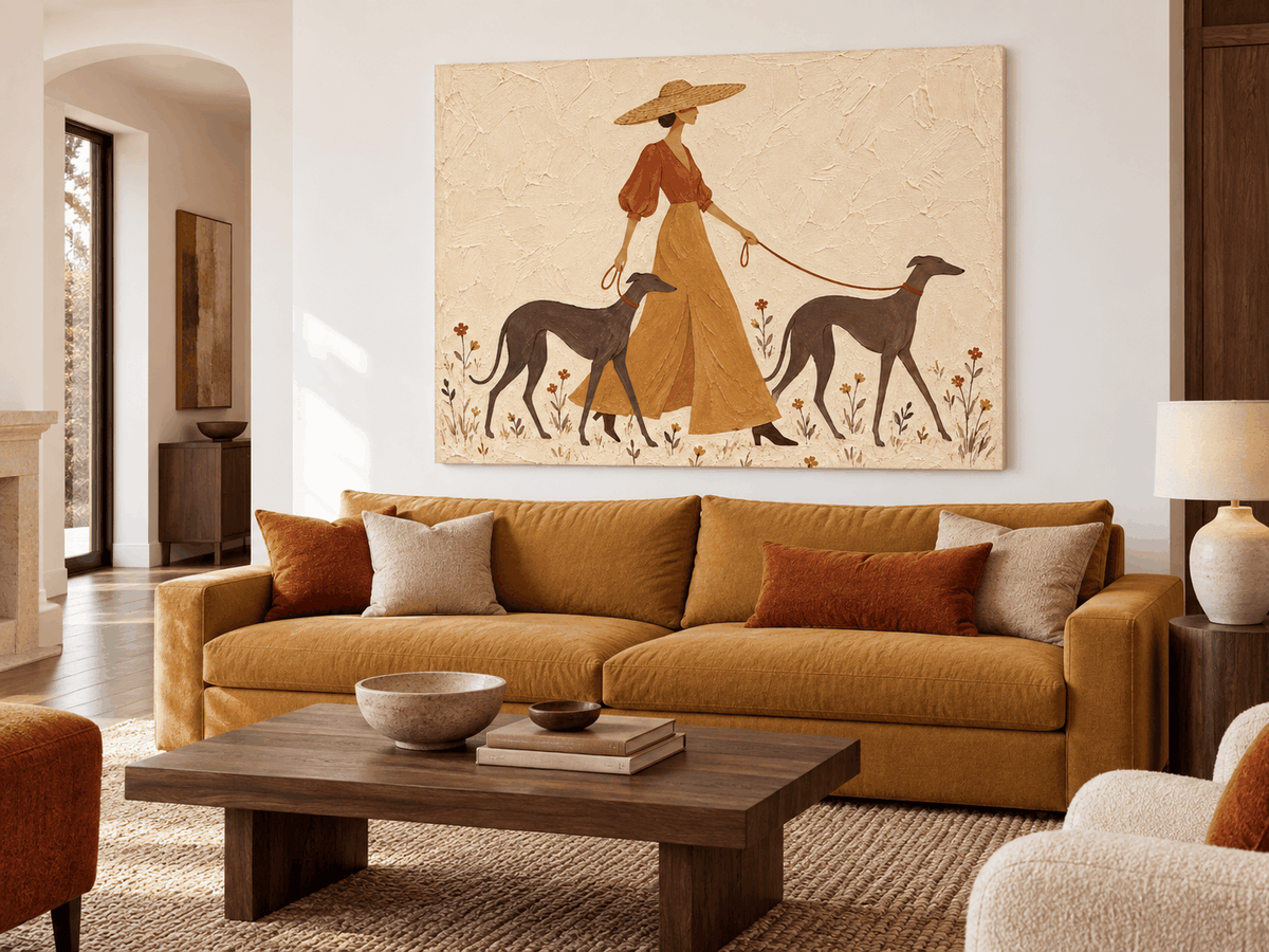 Vintage Woman With Dogs Canvas Painting Abstract Pastoral Art Beige