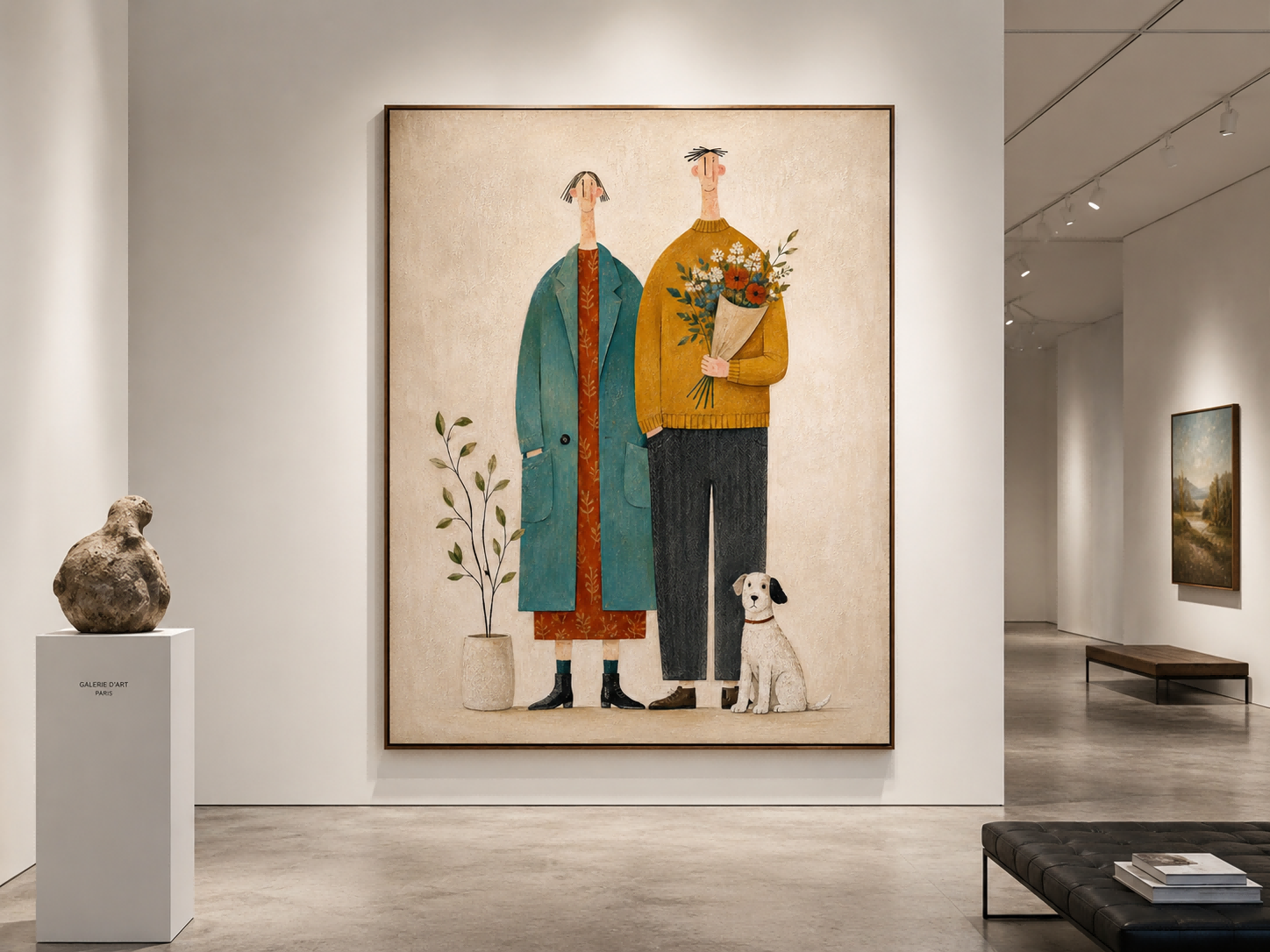 Charming Naive Art Couple Portrait With Dog For Modern Vintage Home Decor