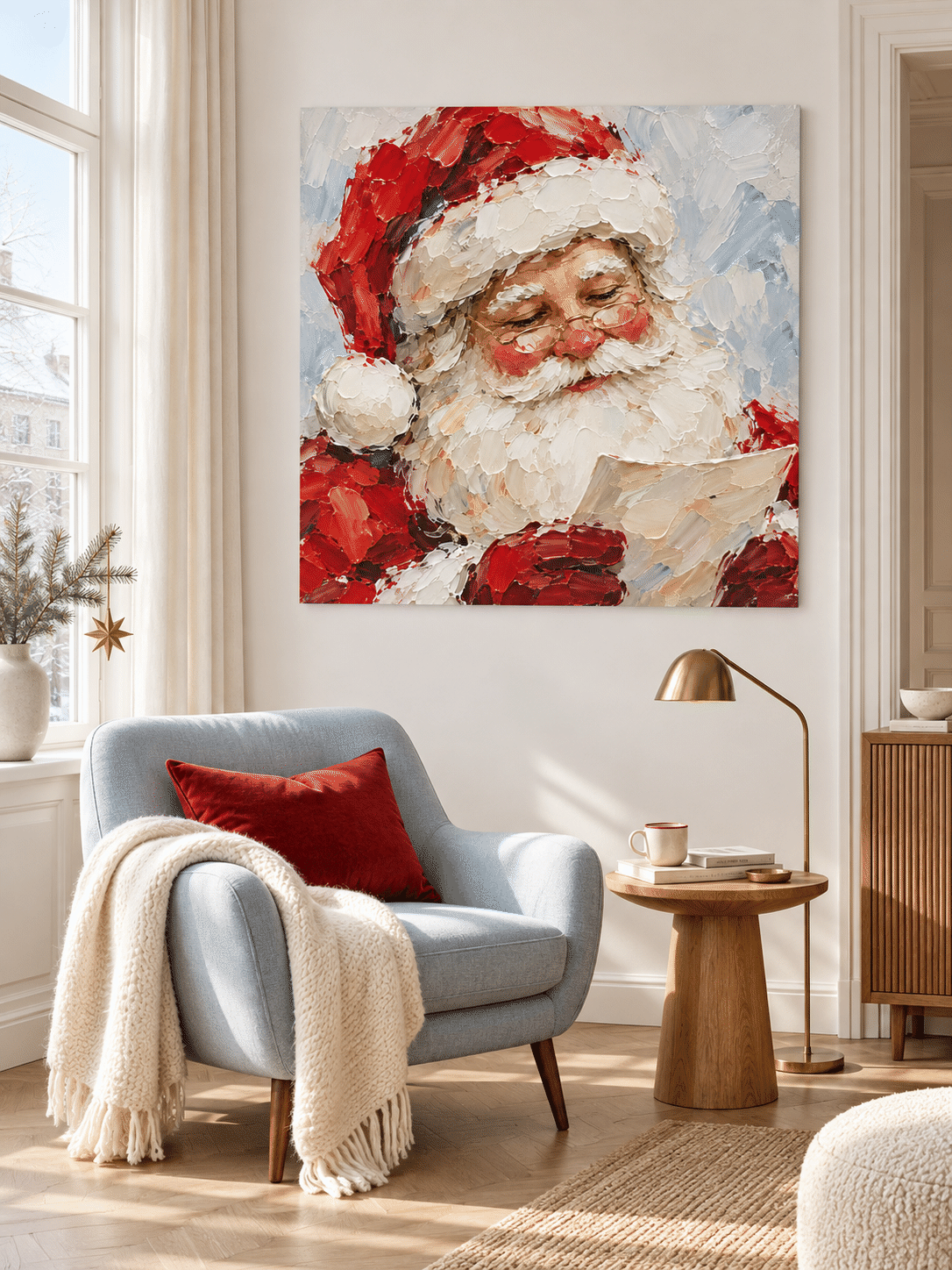 Modern Minimalist Santa Portrait Textured Oil Painting Holiday Gift Art