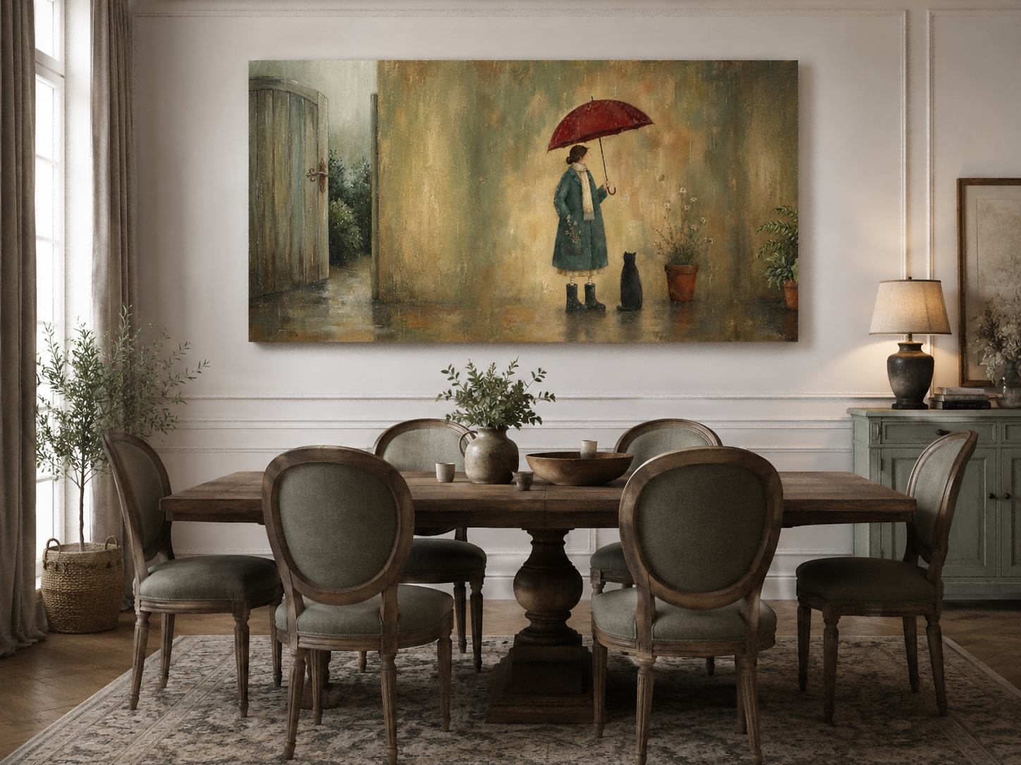 Serene Woman With Umbrella And Black Cat Horizontal Canvas Art For Quiet Spaces