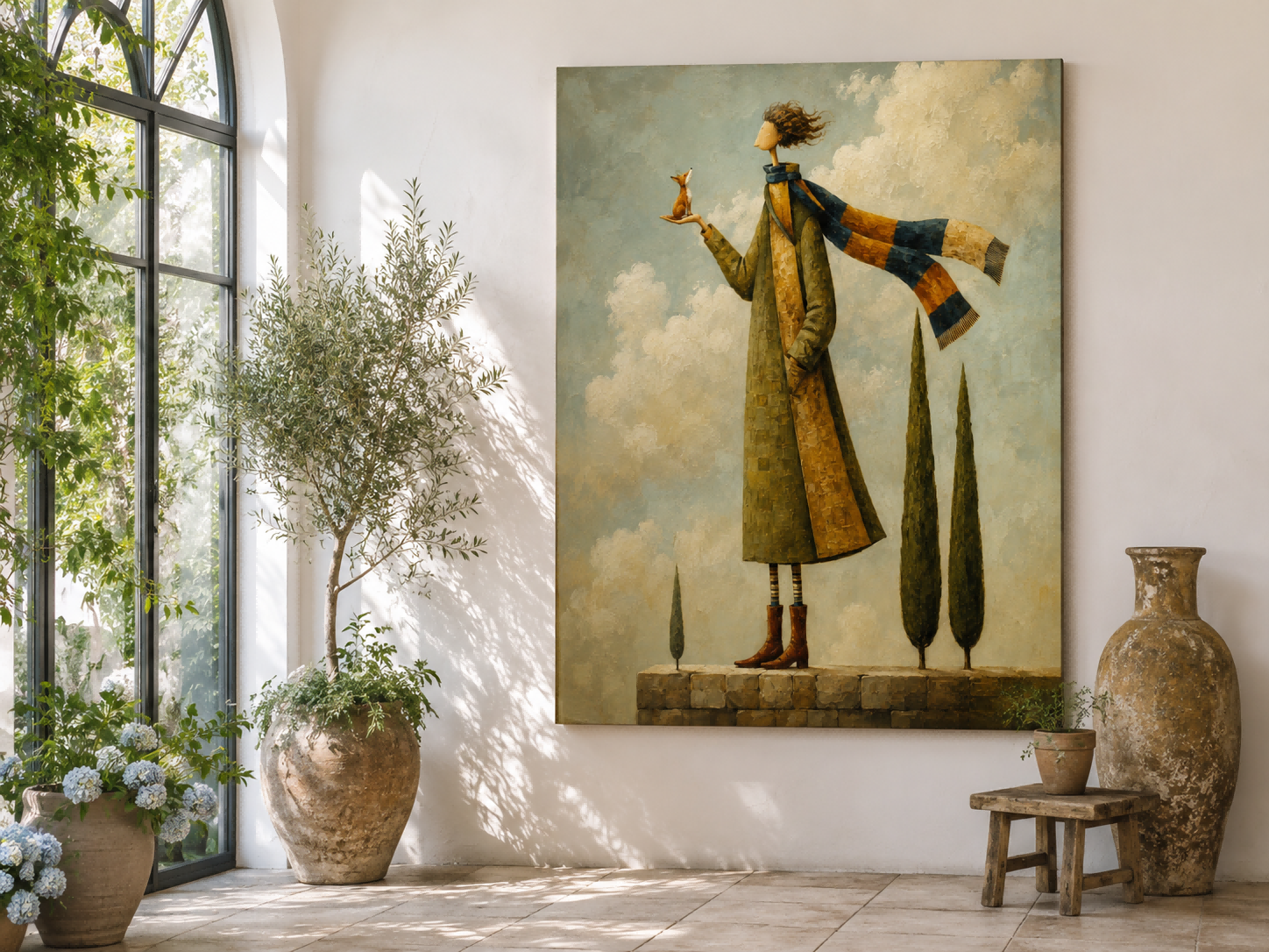Modern Surrealist Canvas Painting Abstract Figure Art With Impasto Texture And Fox