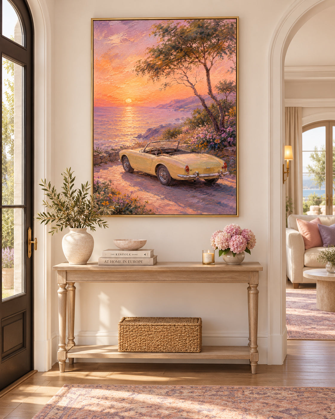 Vintage Car And Sunset Sea Hand-Painted Canvas Art In Gold And Pink