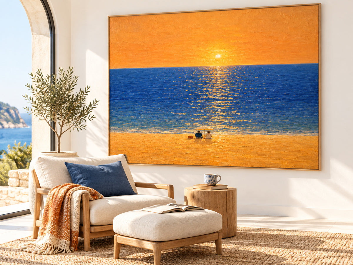 Romantic Sunset Beach Couple Hand-Painted Canvas Wall Art With Orange Sky