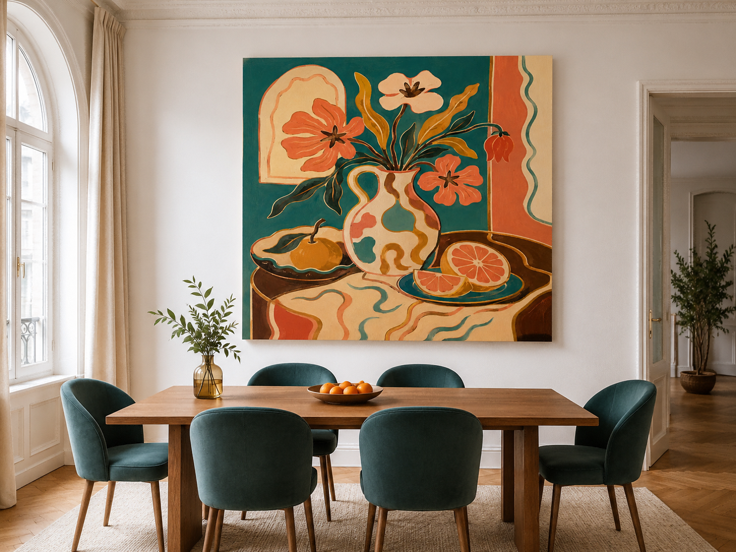 Whimsical Art Deco Style Painting With Abstract Fruit And Flowers