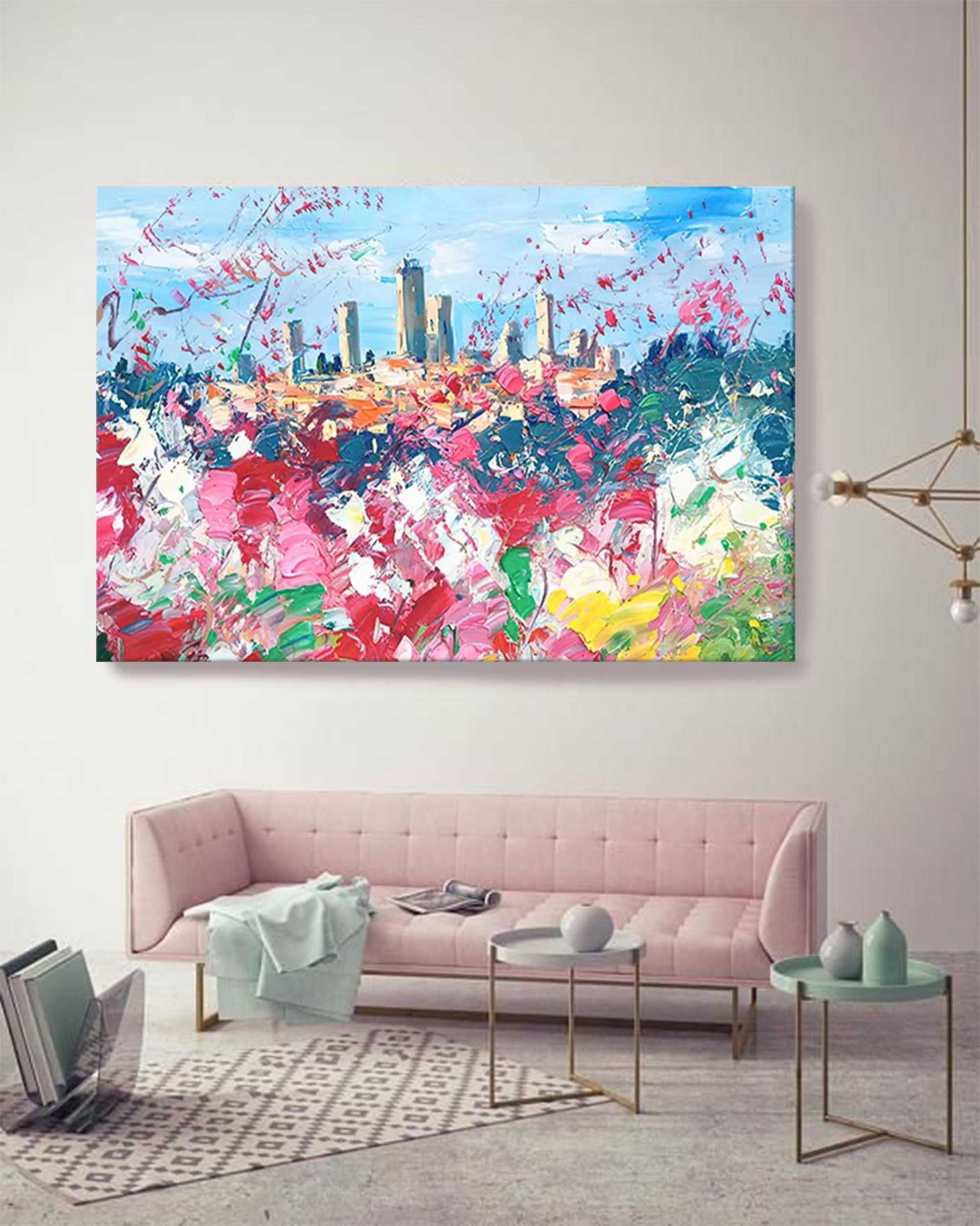 Modern Abstract Cityscape Oil Painting Large Flowers Texture Painting On Canvas Blue Pink Wall Art Living Room Decoration