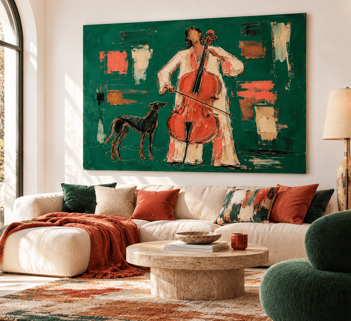 Textured Abstract Expressionist Art Elegant Musical Figure Painting In Emerald Tones