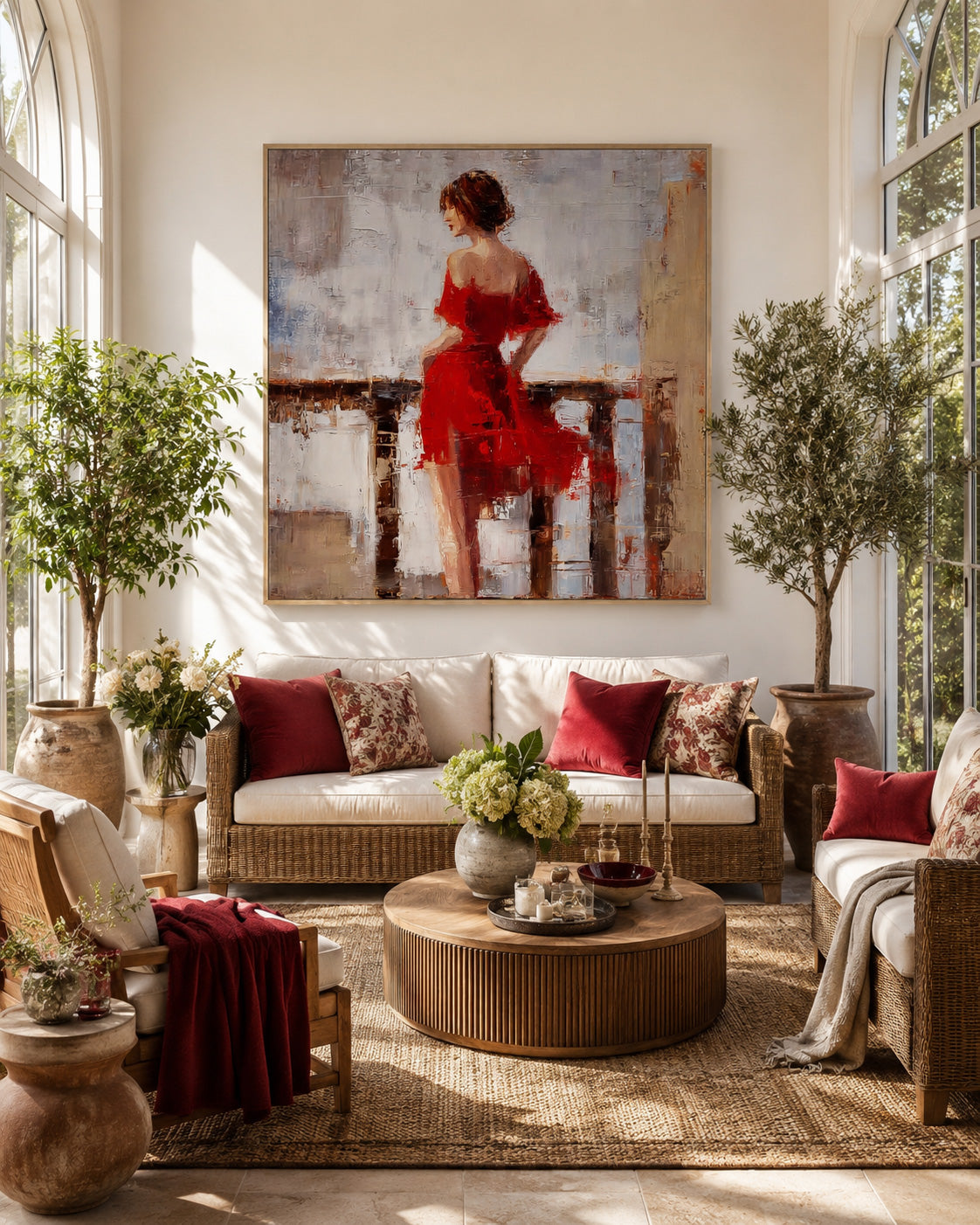 Vintage Style Red Dress Woman Painting Original Square Canvas Art For Living Room Decor