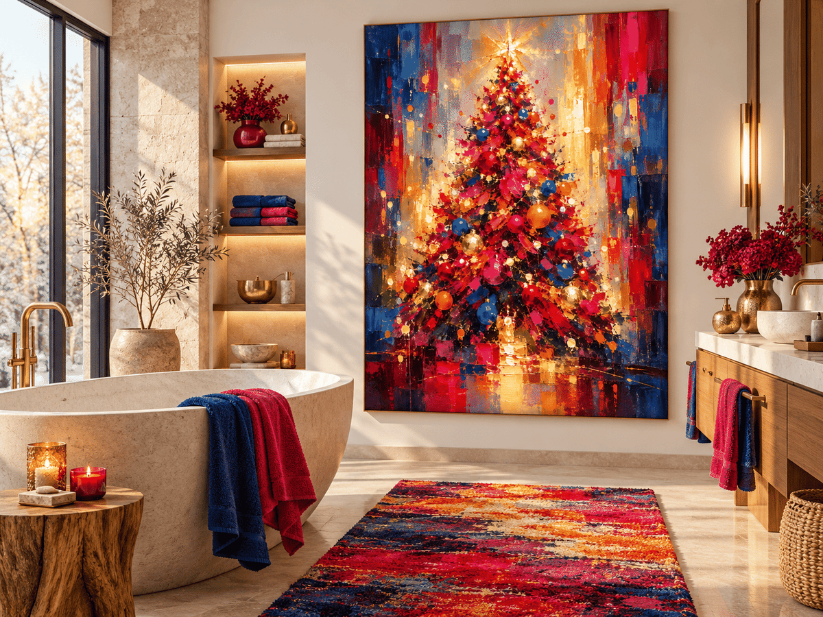 Expressionist Abstract Christmas Tree Canvas Painting With Gold And Red Ornaments For Holiday Decor
