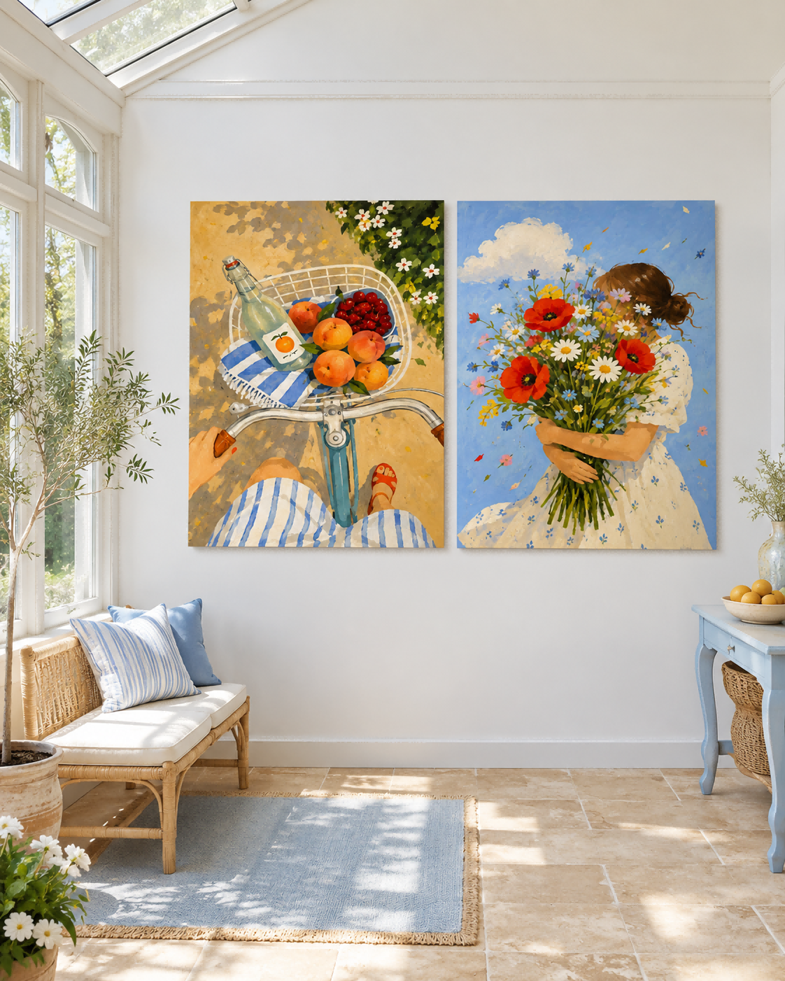 Hand-Painted Summer Flowers And Fruit Bicycle Canvas Art Diptych