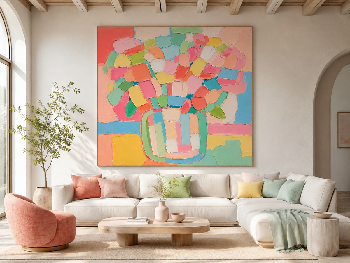Abstract Floral Still Life Canvas Painting With Macaron Colors And Impasto Texture Contemporary Collage Style Oil Painting With Textured Geometric Flower Patterns