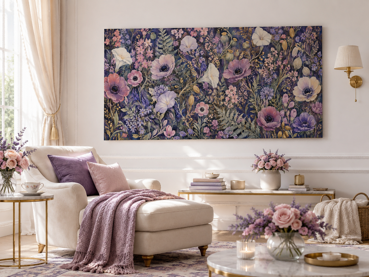 Romantic Vintage Floral Oil Painting With Deep Purple Background And Textured Wildflowers For Elegant Home Decor