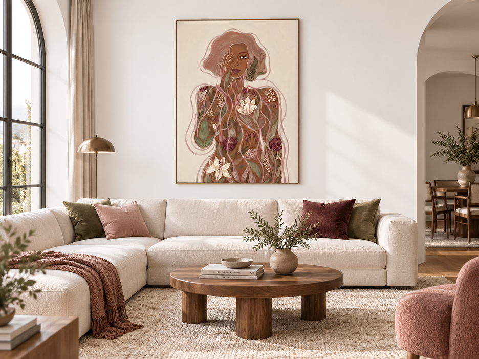 Hand-Painted Abstract Floral Woman Canvas Art In Earth Tones
