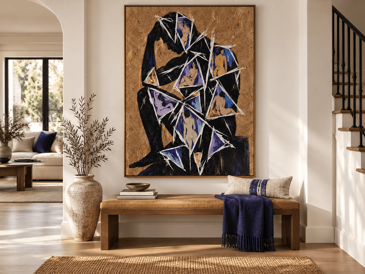 Abstract Thinker Figure Cubist Hand-Painted Canvas Art With Gold Leaf Accents