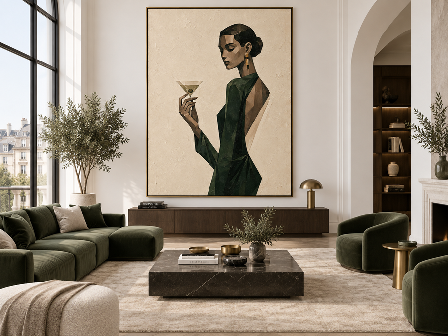 Vintage Woman With Martini Geometric Canvas Painting In Green And Beige