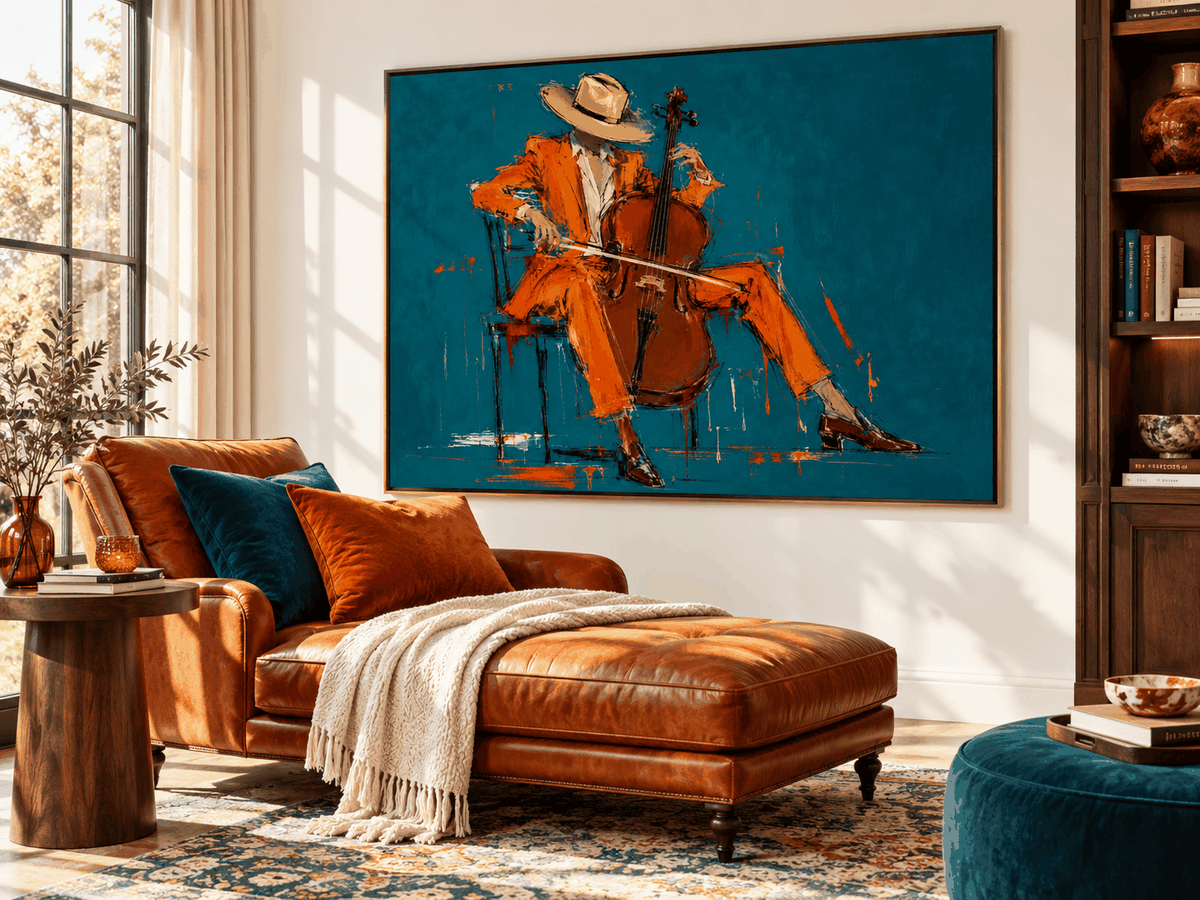 Hand-Painted Cellist In Orange Suit Modern Canvas Wall Art