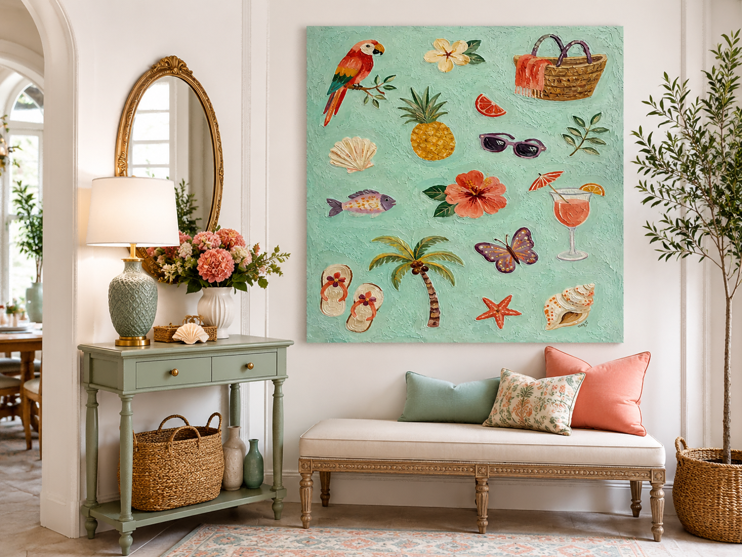 Vibrant Tropical Beach Art With Parrot And Pineapple For Boho Living Room Decor