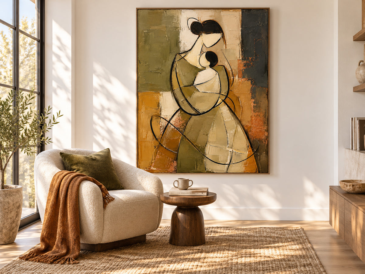 Vintage Style Minimalist Line Art Painting Warm Brown And Green Tones Abstract Mother And Child Canvas Painting