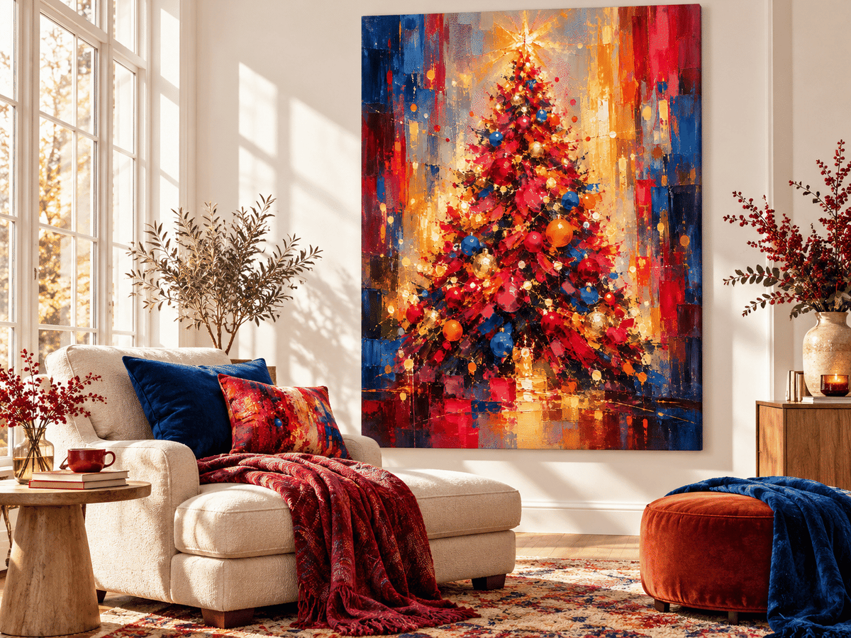 Expressionist Abstract Christmas Tree Canvas Painting With Gold And Red Ornaments For Holiday Decor